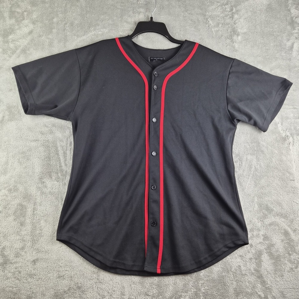 Vintage  Hat & Beyond Jersey Shirt Mens XL Black Red Trim Button Up Baseball USA